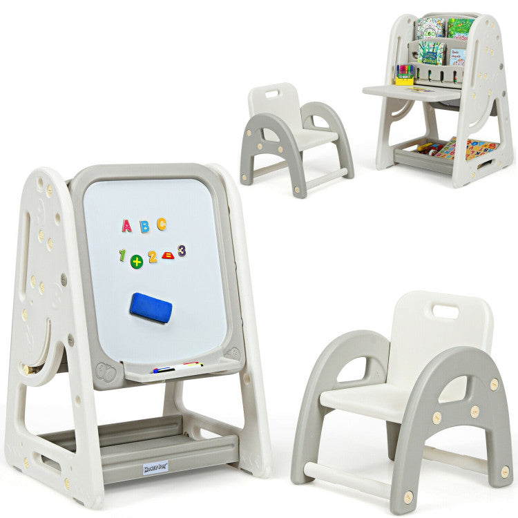 2-in-1 Kids Easel Desk Chair Set with Adjustable Art Board and Book Rack