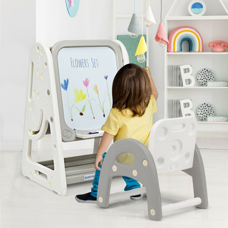 2-in-1 Kids Easel Desk Chair Set with Adjustable Art Board and Book Rack