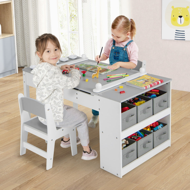 2-in-1 Kids Wooden Art Table and Easel Set with Chairs, Storage Bins, and Paper Roll