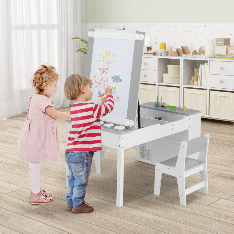 2-in-1 Kids Wooden Art Table and Easel Set with Chairs, Storage Bins, and Paper Roll