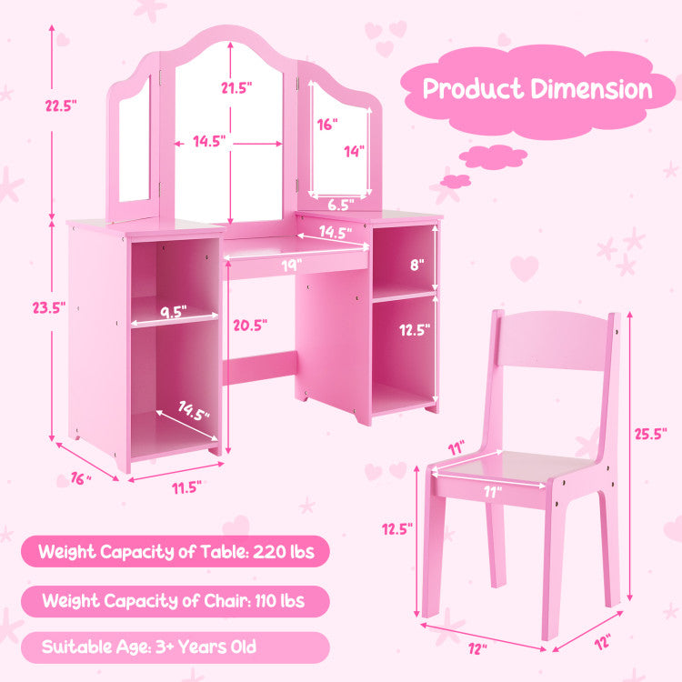 Kids Vanity Table and Chair Set with Tri-Folding Removable Mirror and Storage Drawers