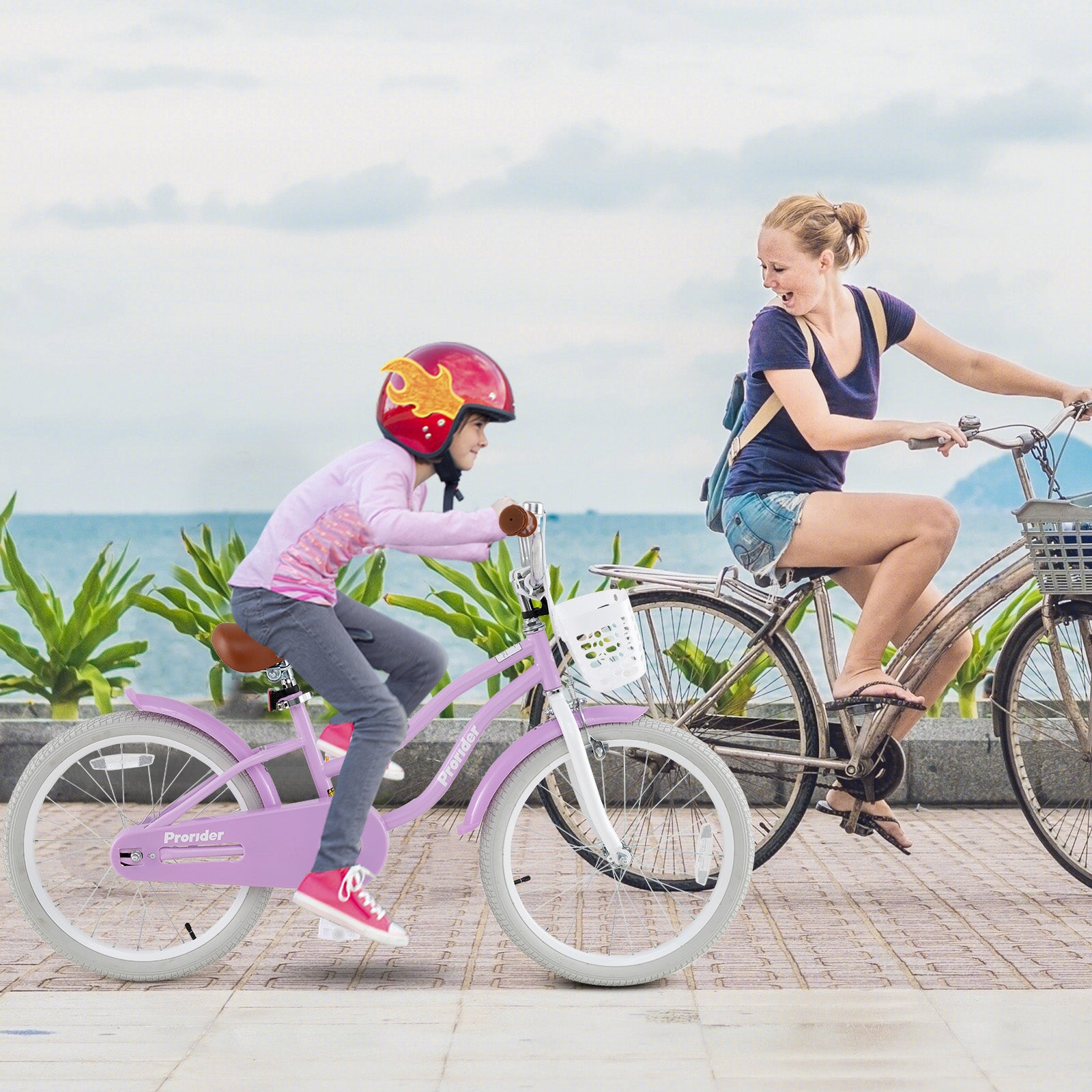 Woman and child riding bicycles by a waterfront with greenery.