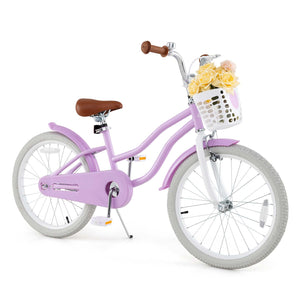 Purple bicycle with a basket of flowers on a white background