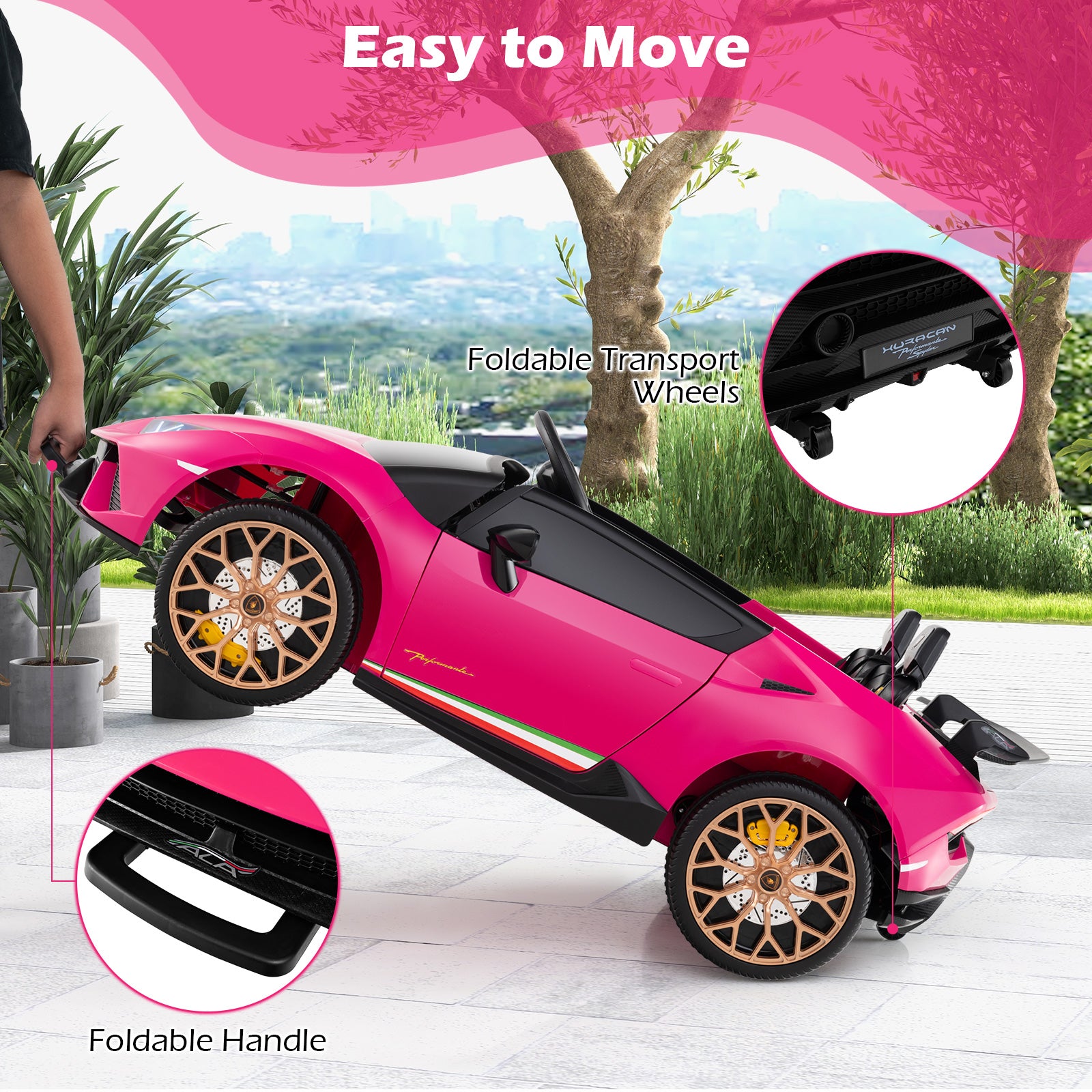 Pink toy car with foldable handle and transport wheels on a wooden floor.