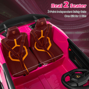 Pink toy car with two brown seats and safety belts, labeled 'Real 2 Seater'.
