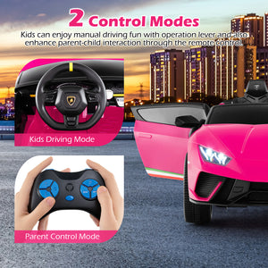 Pink toy car with steering wheel and remote control, set against a cityscape background.