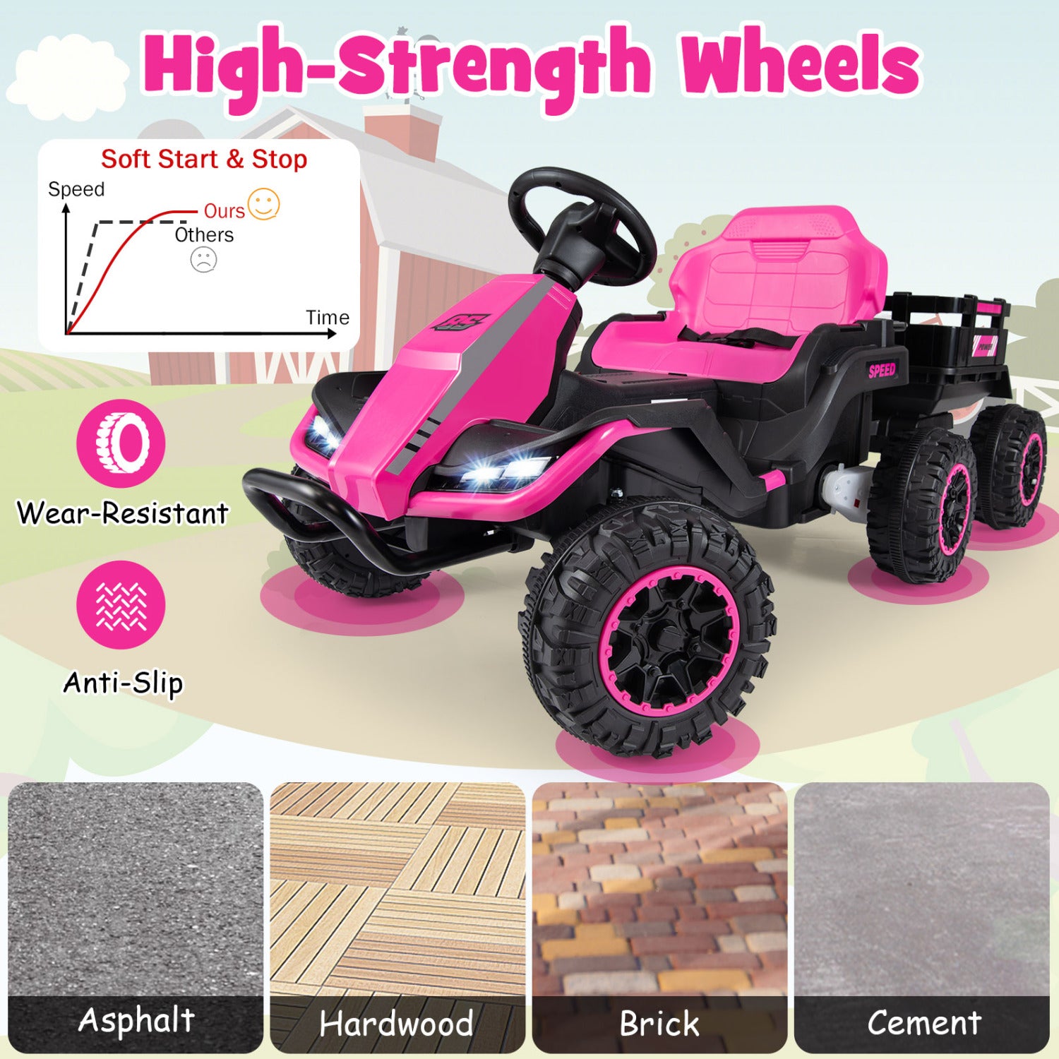 Pink and black toy car with high-strength wheels on a light background