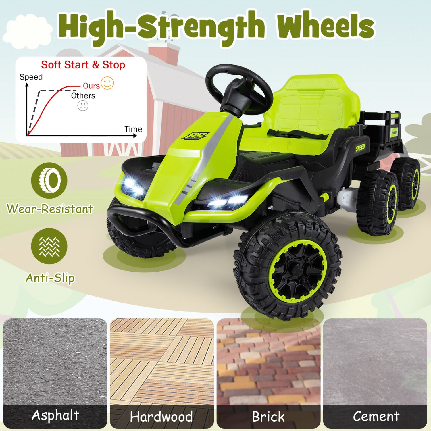 Green toy tractor with high-strength wheels on a background with pavement textures.