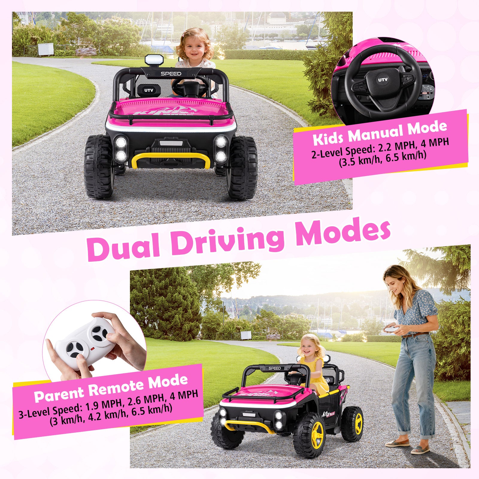 Children's electric toy car with dual driving modes on a road, featuring a pink steering wheel and dashboard.