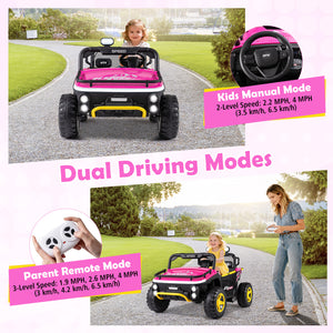Children's electric toy car with dual driving modes on a road, featuring a pink steering wheel and dashboard.