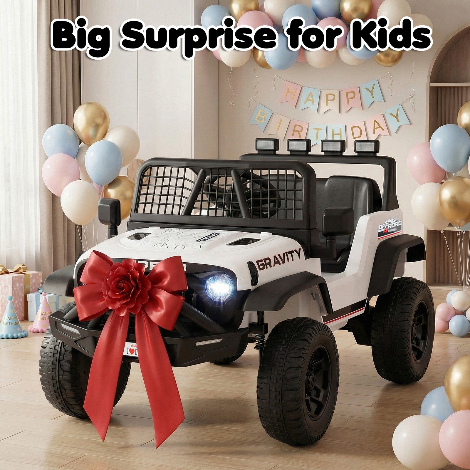 Toy car with a red bow in a room decorated for a birthday party with balloons and a 'Happy Birthday' banner.