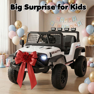 Toy car with a red bow in a room decorated for a birthday party with balloons and a 'Happy Birthday' banner.