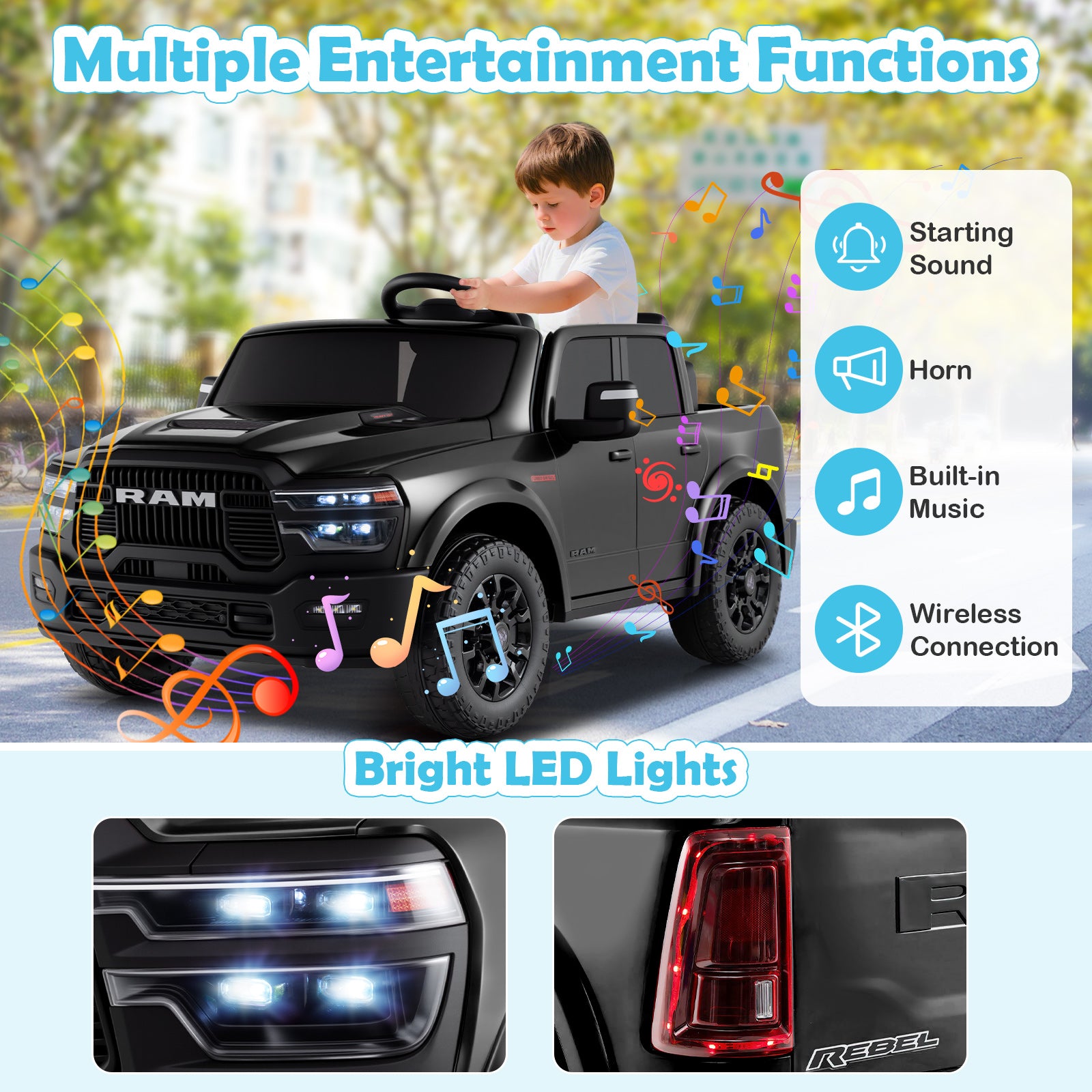 Child playing with a toy truck, featuring entertainment functions and bright LED lights.