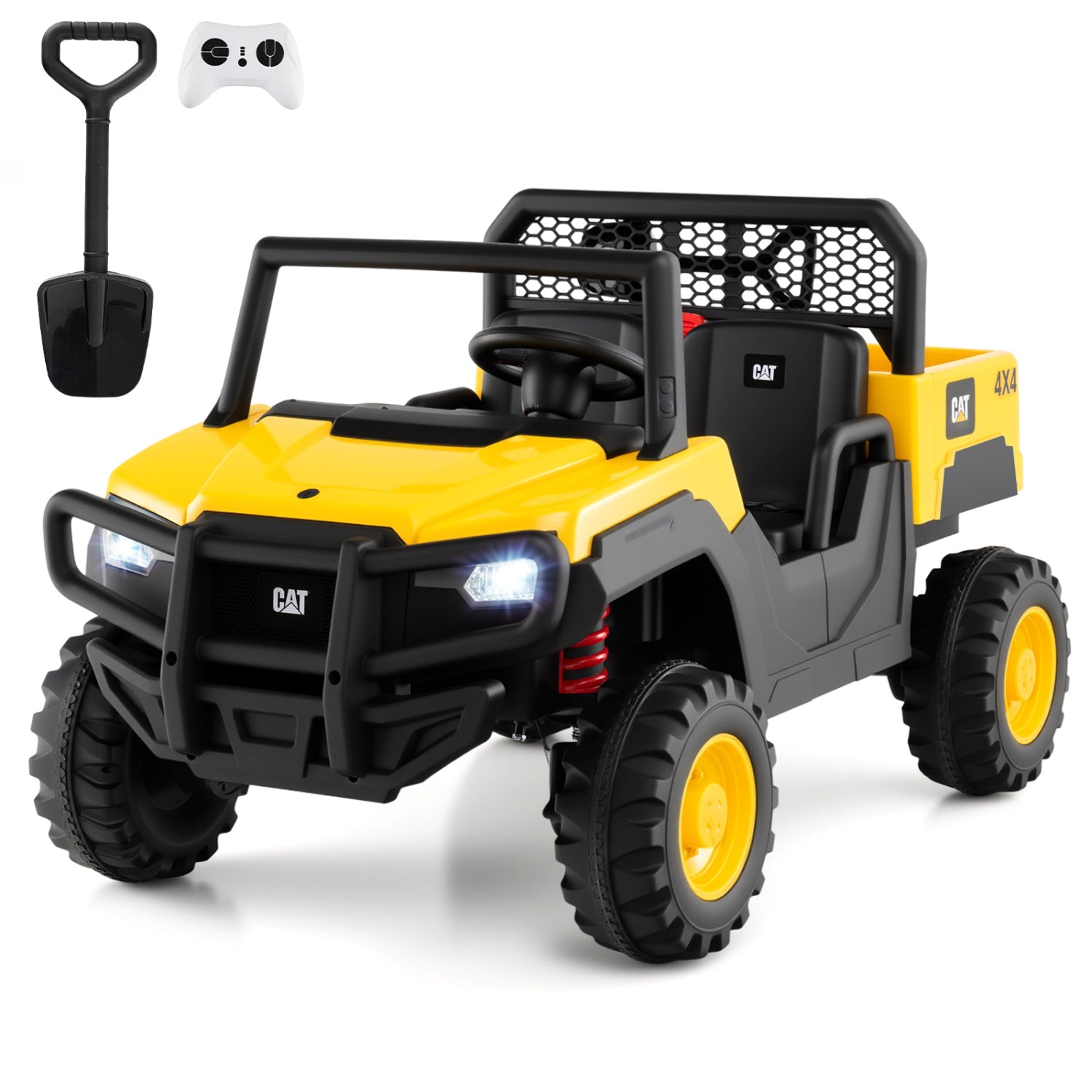 Toy utility vehicle with remote control and shovel on a white background