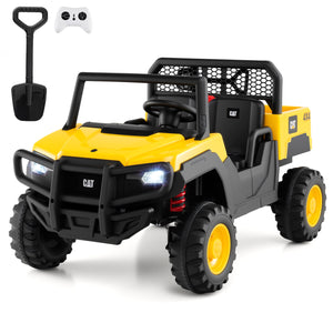 Toy utility vehicle with remote control and shovel on a white background