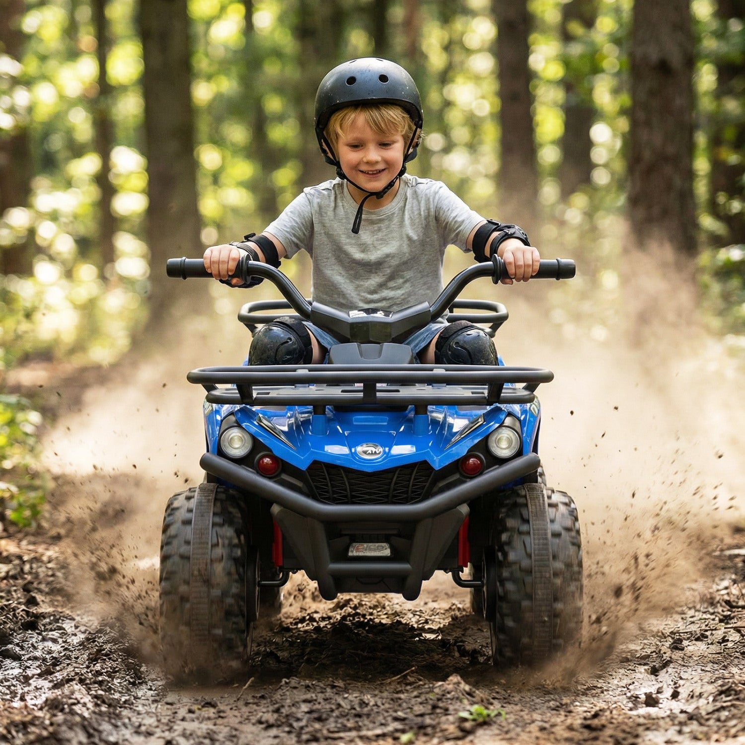 Child riding a blue ATV through a muddy forest path