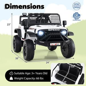 Children's toy truck with dimensions and safety certification logos on a grassy background