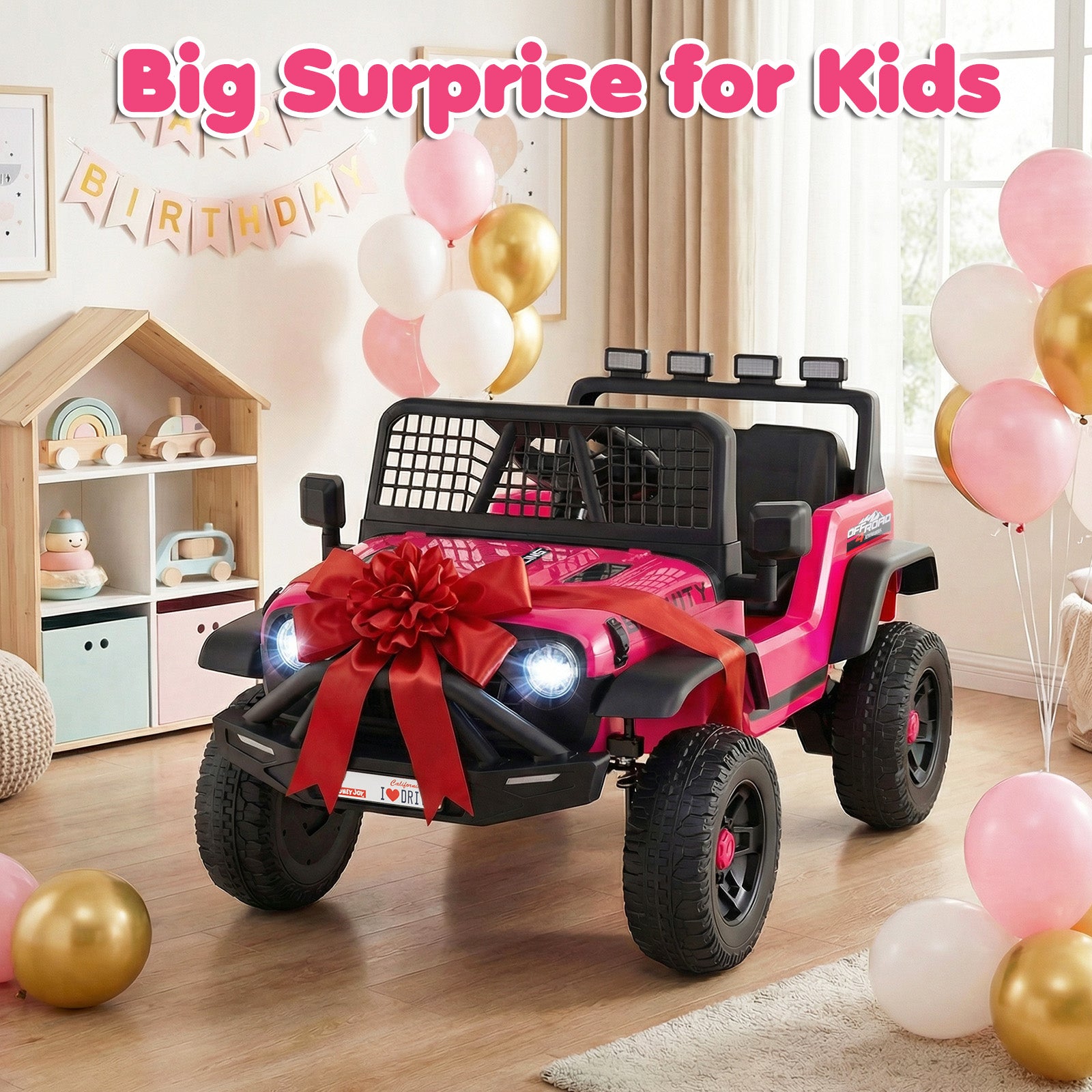 Pink toy car with a red bow in a room decorated with balloons and birthday decorations.