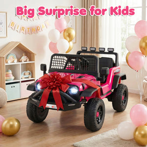 Pink toy car with a red bow in a room decorated with balloons and birthday decorations.