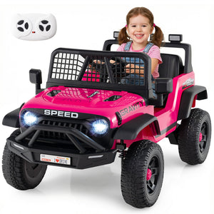 Pink toy off-road vehicle with a child inside on a white background