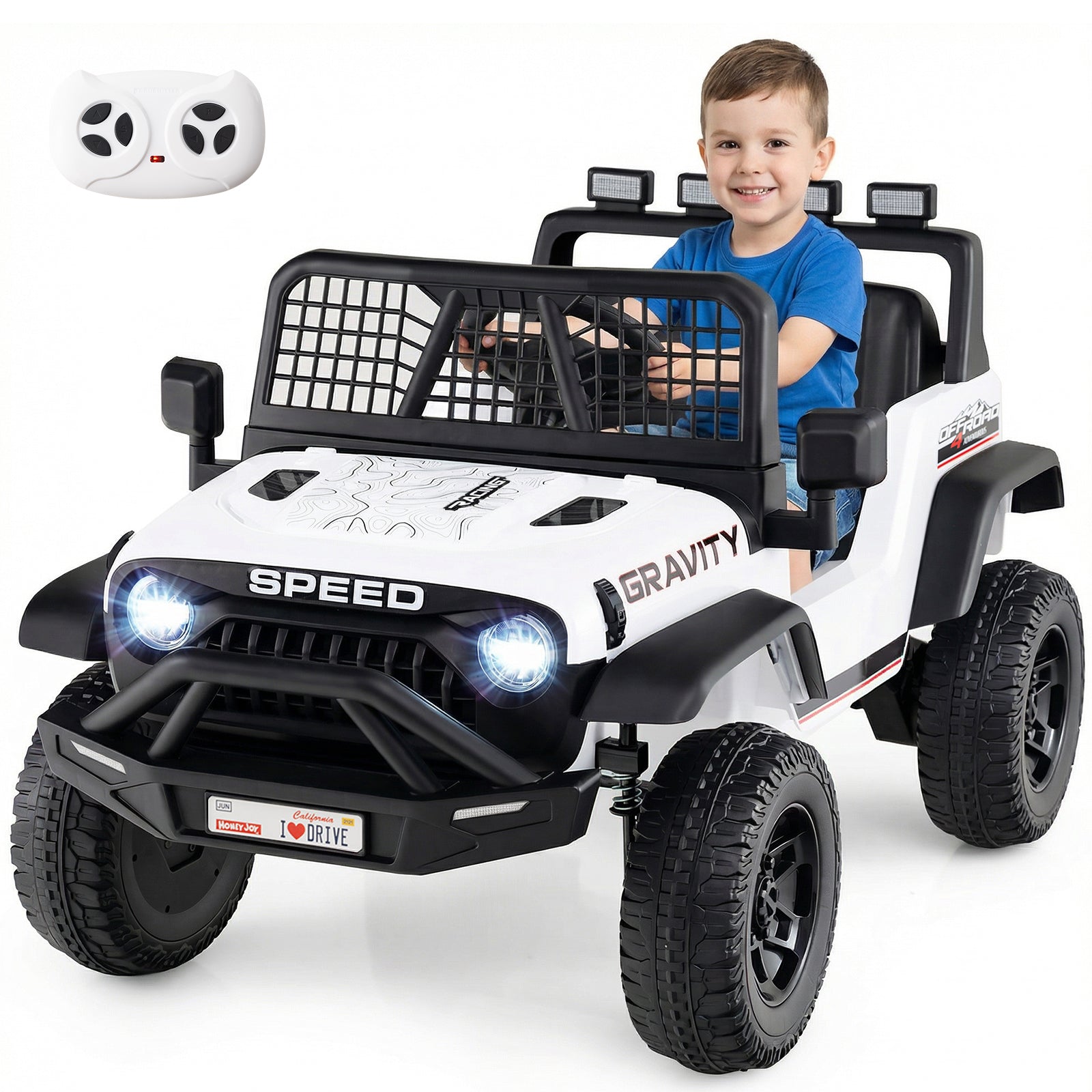 Child sitting in a toy off-road vehicle with 'Speed Gravity' branding on a white background