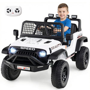 Child sitting in a toy off-road vehicle with 'Speed Gravity' branding on a white background