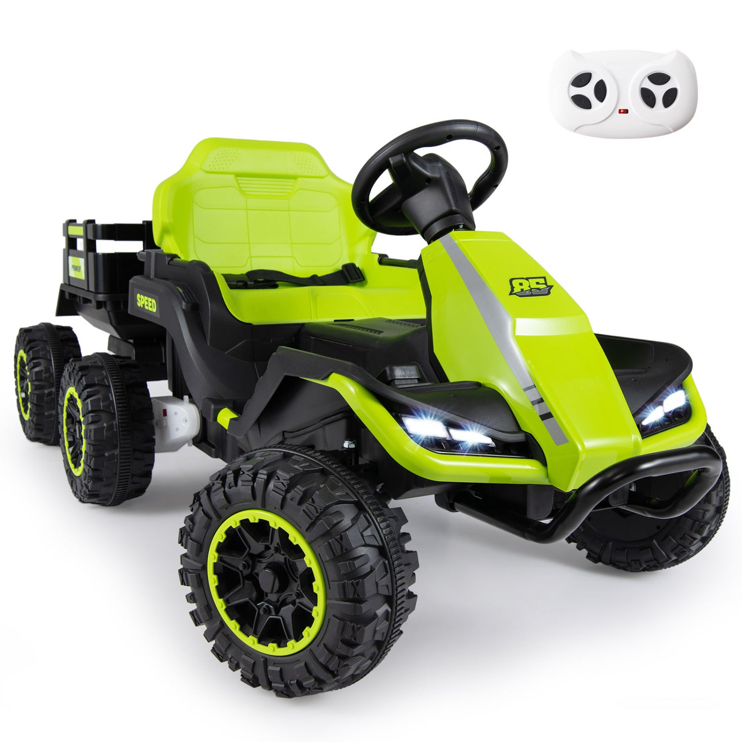 Green toy off-road vehicle with remote control on a white background