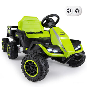 Green toy off-road vehicle with remote control on a white background