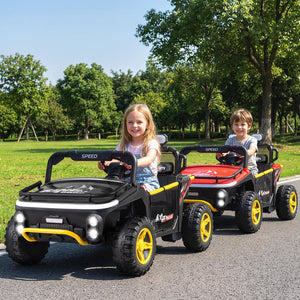 Two children playing with toy cars on a road in a park.