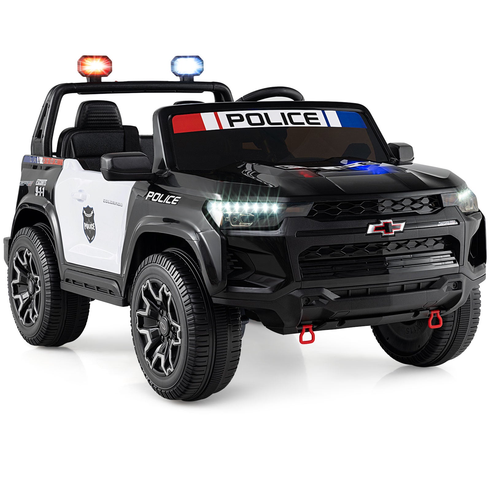 Children's toy police car with lights and sirens on a white background