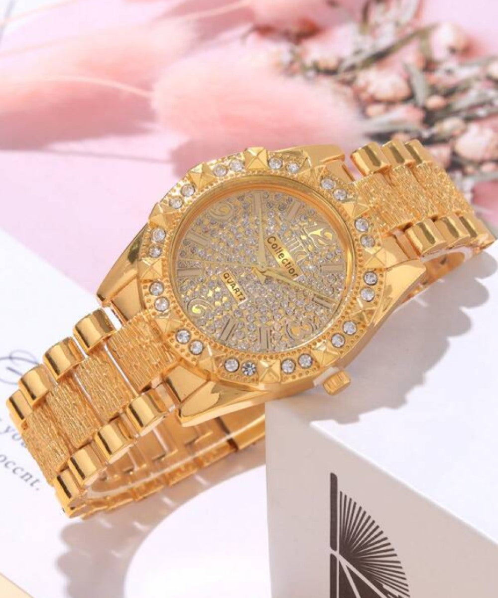 1pc Fashionable Round Quartz Watch For Women With Rhinestone Inlaid Steel Strap