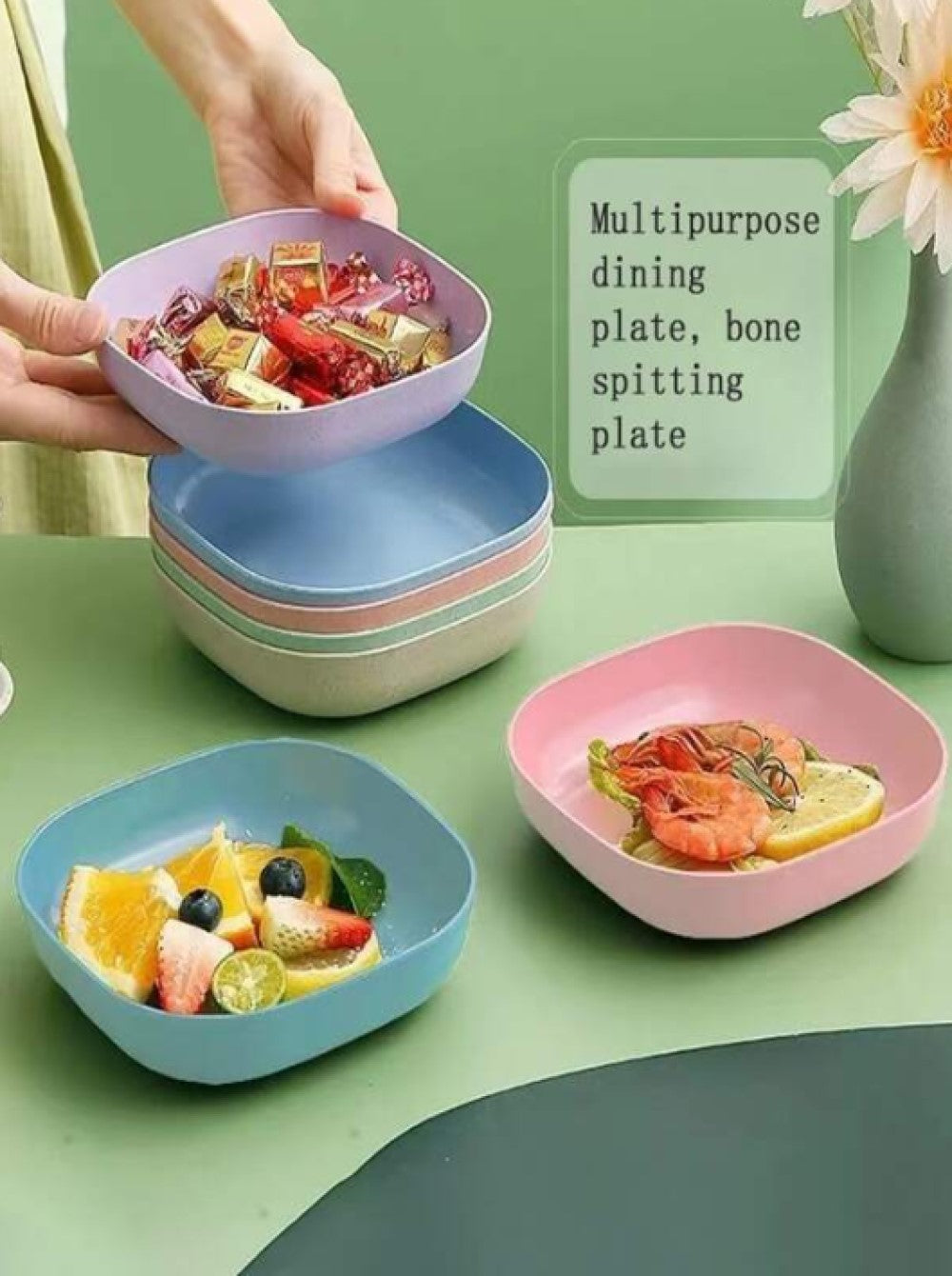 10pcs/set Random Color Wheat-straw Based Dish & Fruit Tableware & Debris Collecting & Food Plate With Bottom Base, Household Minimalist Design