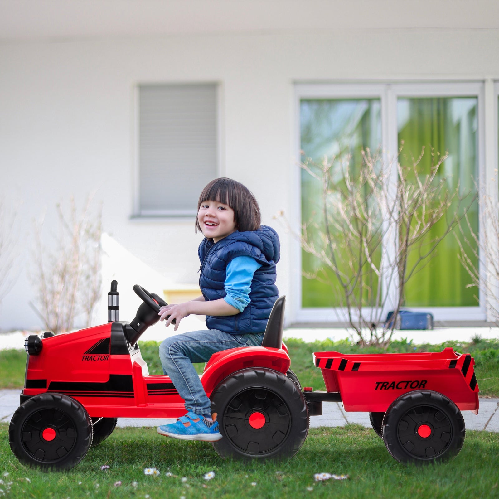 3-Gear-Shift Ground Loader Ride-On Tractor with Trailer and LED Lights, Red - The Ultimate Power Wheels Tractor Ride-On Toy, for Outdoor Adventures, Red