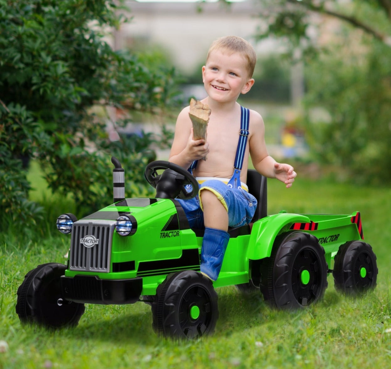 3-Gear-Shift Ground Loader Ride-On Tractor with Trailer and LED Lights - The Ultimate Power Wheels Tractor Ride-On Toy, for Outdoor Adventures, Green