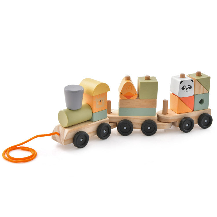 3-Section Wooden Toy Train Set with Stackable Building Blocks for Kids