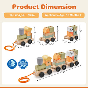 3-Section Wooden Toy Train Set with Stackable Building Blocks for Kids