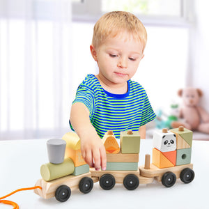 3-Section Wooden Toy Train Set with Stackable Building Blocks for Kids