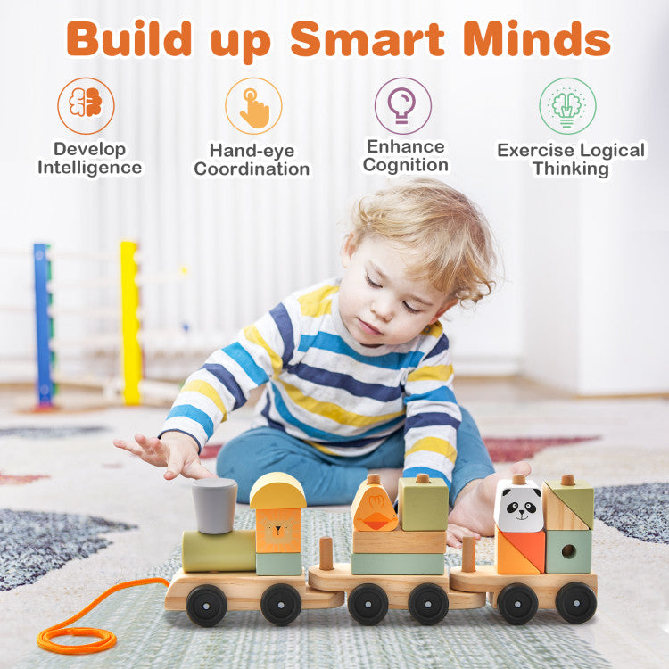 3-Section Wooden Toy Train Set with Stackable Building Blocks for Kids