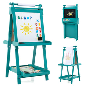 3-in-1 double-sided kids art easel with magnetic whiteboard and chalkboard