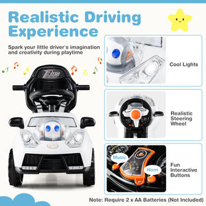 Children's toy car with features like cool lights, realistic steering wheel, music horn, and fun interactive buttons on a white background.
