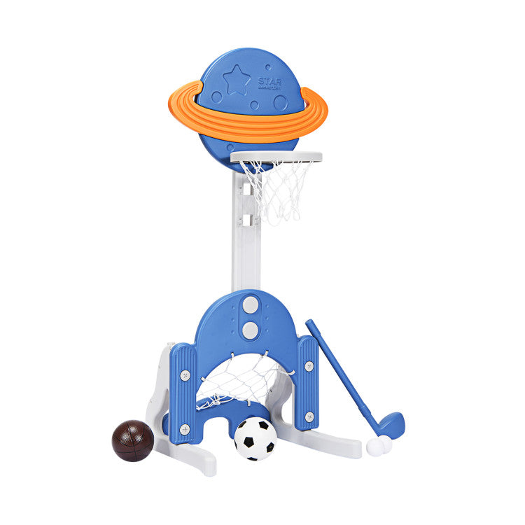 3-in-1 Adjustable Kids Basketball, Soccer & Golf Set with Balls for Indoor and Outdoor Play