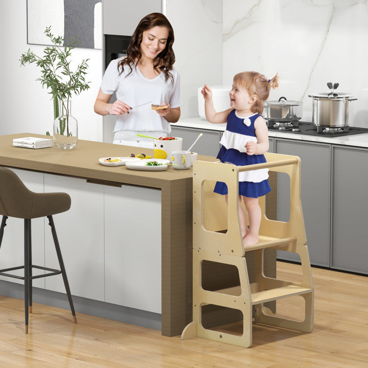 3-in-1 Foldable Toddler Kitchen Standing Tower with Chalkboard and Safety Features