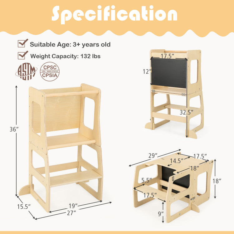 3-in-1 Foldable Toddler Kitchen Standing Tower with Chalkboard and Safety Features