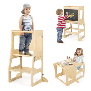 3-in-1 Foldable Toddler Kitchen Standing Tower with Chalkboard and Safety Features