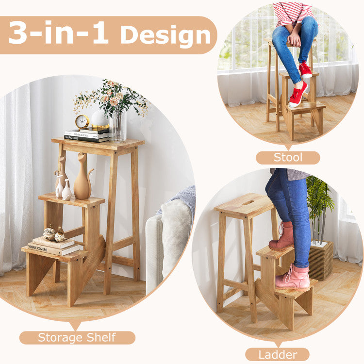 3-in-1 Folding Rubber Wood Step Stool Ladder with 3-Tier Storage Shelf