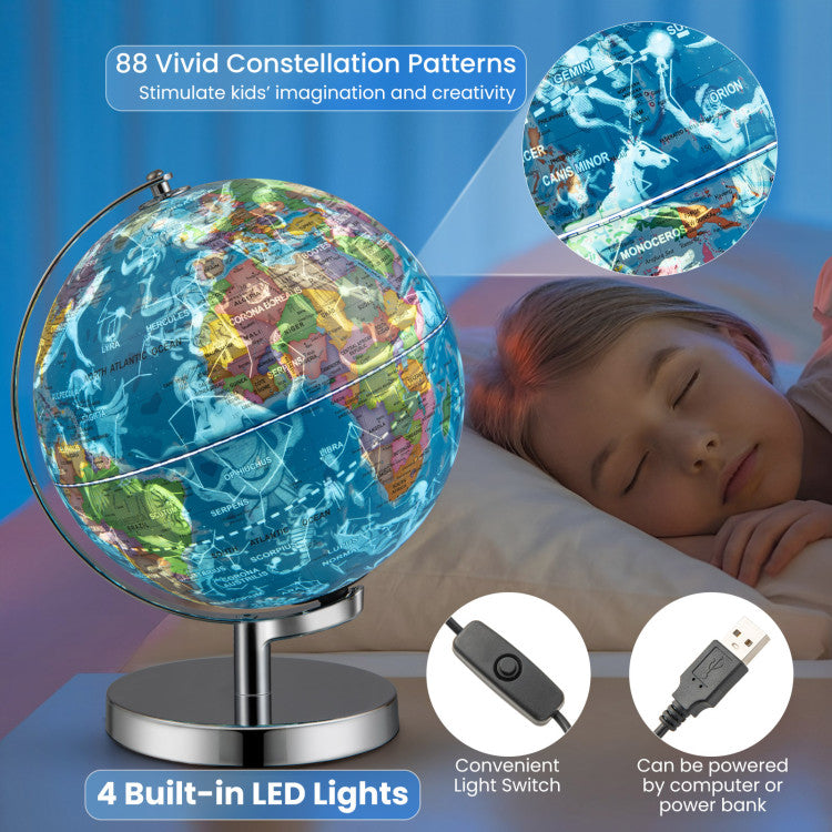 3-in-1 Illuminated World Globe with Stand and 88 Star Constellations for Kids