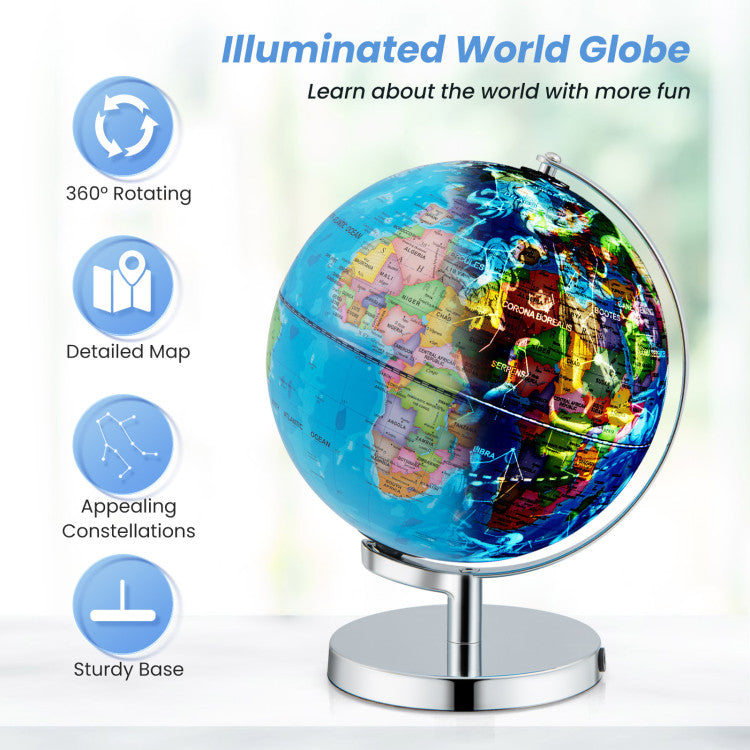 3-in-1 Illuminated World Globe with Stand and 88 Star Constellations for Kids