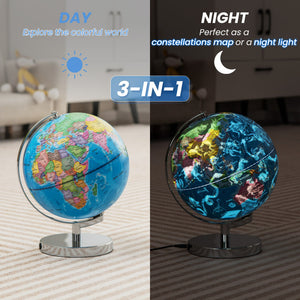 3-in-1 Illuminated World Globe with Stand and 88 Star Constellations for Kids