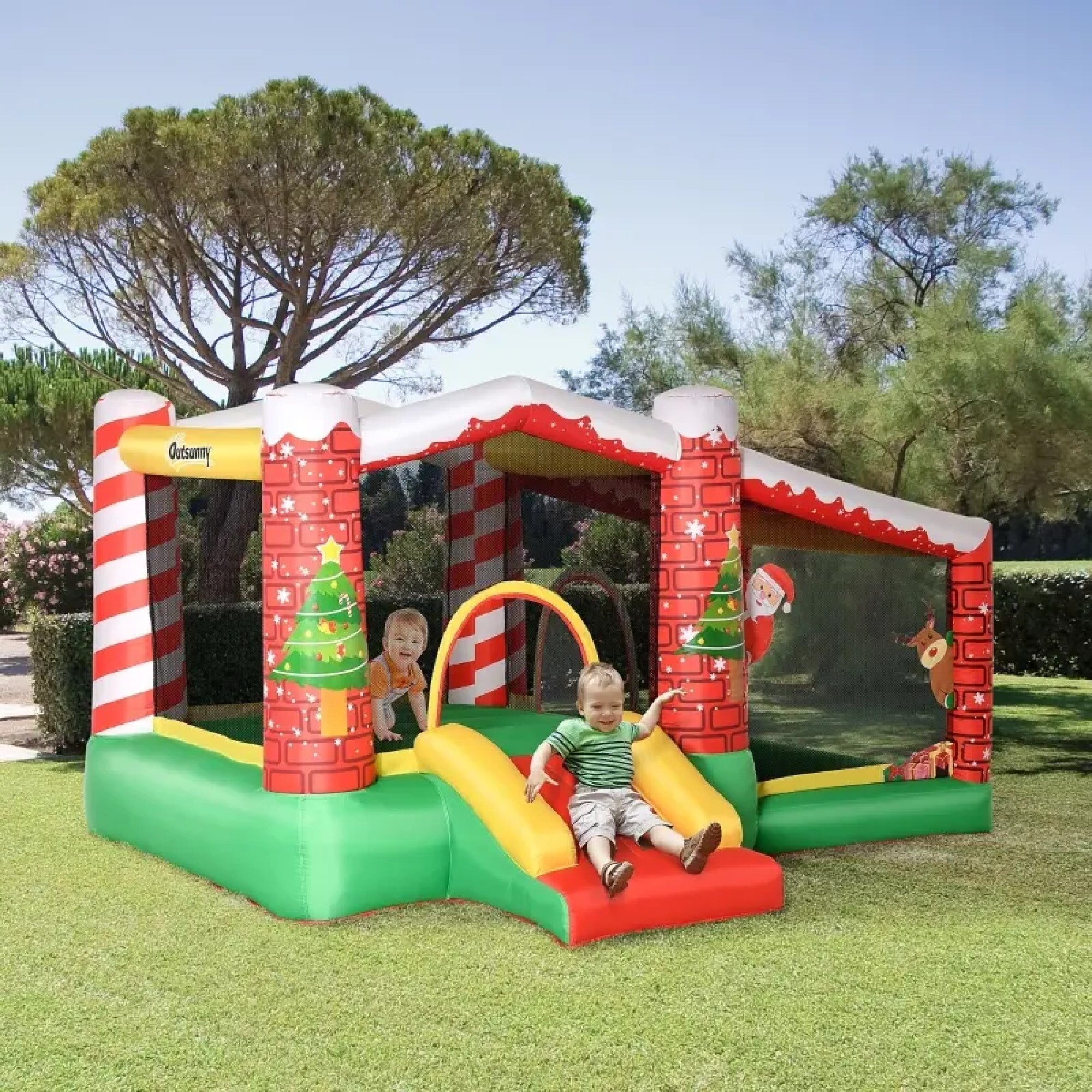 3-in-1 Kids Inflatable Bounce House Christmas Jumping Castle with Christmas Tree Pattern, Includes Carry Bag and Air Blower