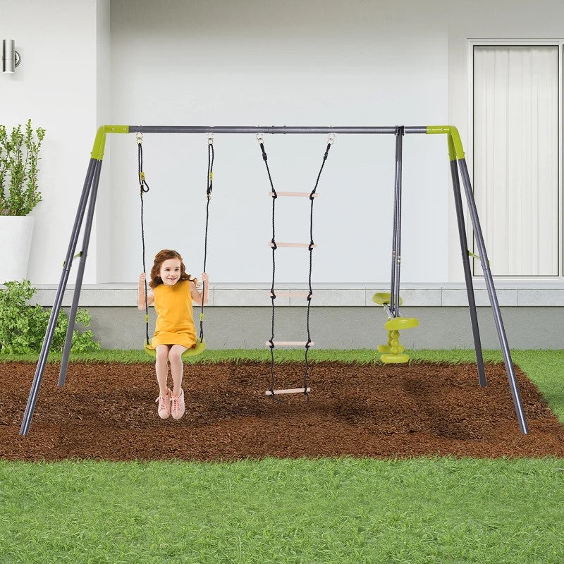 3-in-1 Kids Metal Swing Set with Swing, Glider and Climbing Ladder for Backyard Fun